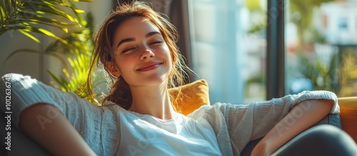 A young woman relaxes on a couch, eyes closed, basking in the warm sunlight streaming through a window.   photo