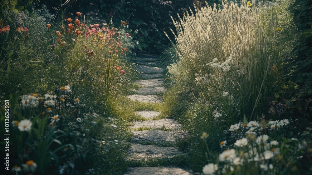 Fototapeta premium A narrow stone path surrounded by tall ornamental grasses and wildflowers, leading through a garden with a natural, unstructured layout.