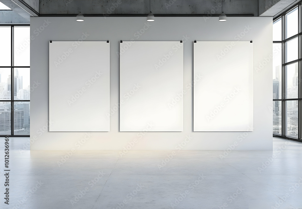 Three Blank White Posters on an Empty Wall Three Blank White Posters on an Empty Wall