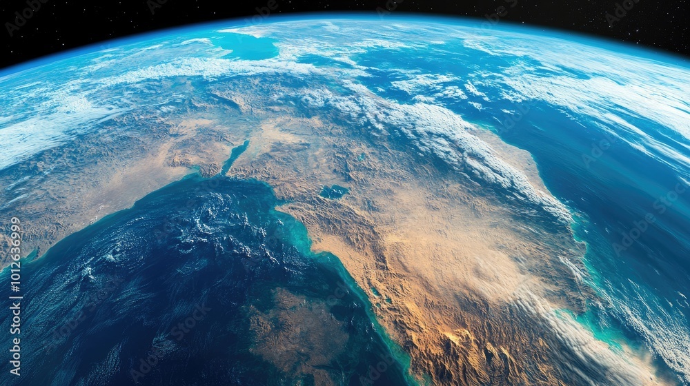 Fototapeta premium A dramatic close-up of Earth from space, focusing on regions with vibrant vegetation, vast deserts, and sparkling water bodies, emphasizing the planet diverse environments