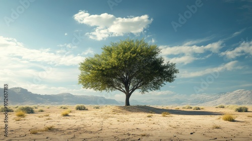 A dynamic composition featuring a healthy tree in a contrasting setting of desertification, highlighting the need for land restoration efforts for World Environment Day 2024. -