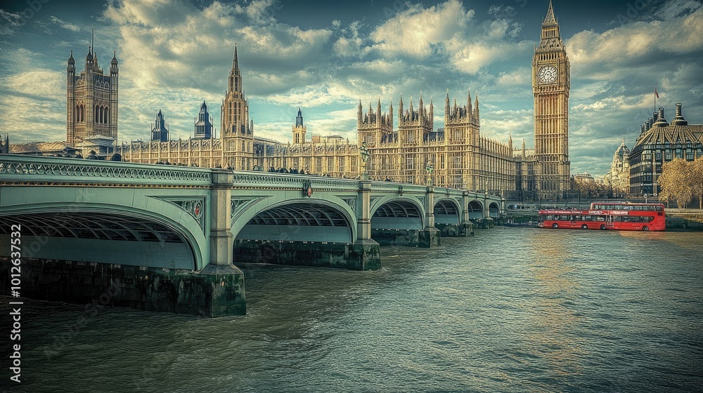 Naklejka premium A picturesque scene of Big Ben and the Houses of Parliament in London, with the River Thames flowing calmly and iconic red double-decker buses crossing the bridge.