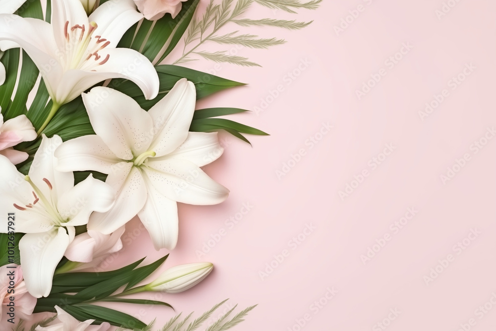 Fototapeta premium Botanical frame, soft pink peonies and white lilies bordering a copy for text, airy and elegant