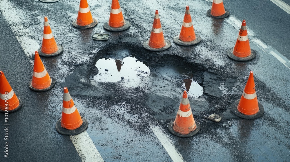 A dynamic scene of traffic cones surrounding a road repair area, with workers patching a pothole on asphalt pavement, highlighting the process of urban road maintenance.