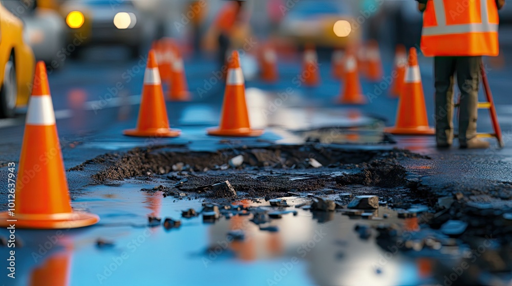 A dynamic scene of traffic cones surrounding a road repair area, with workers patching a pothole on asphalt pavement, highlighting the process of urban road maintenance. A dynamic scene of traffic cones surrounding a road repair area, with workers patching a pothole on asphalt pavement, highlighting the process of urban road maintenance.