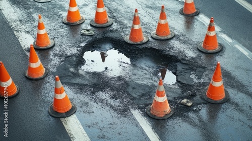 Obraz na płótnie A dynamic scene of traffic cones surrounding a road repair area, with workers patching a pothole on asphalt pavement, highlighting the process of urban road maintenance. w salonie