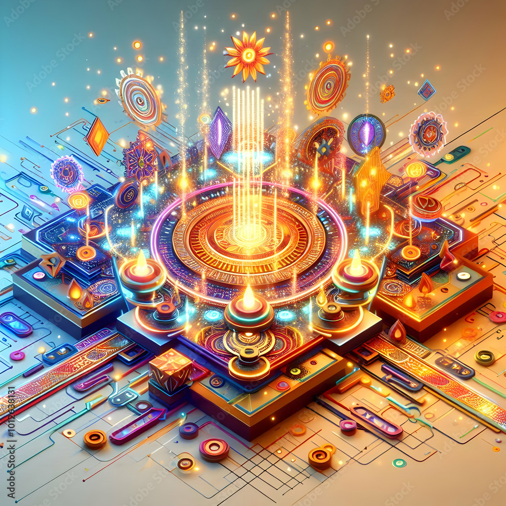 Fototapeta premium 3D Glowing Abstract Festival Scene: Dynamic Digital Art Banner of Vibrant Festival Atmosphere with Sparklers & Rangoli Patterns on Isolated White Background