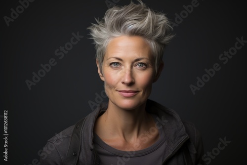 Portrait of a beautiful middle-aged woman with short grey hair