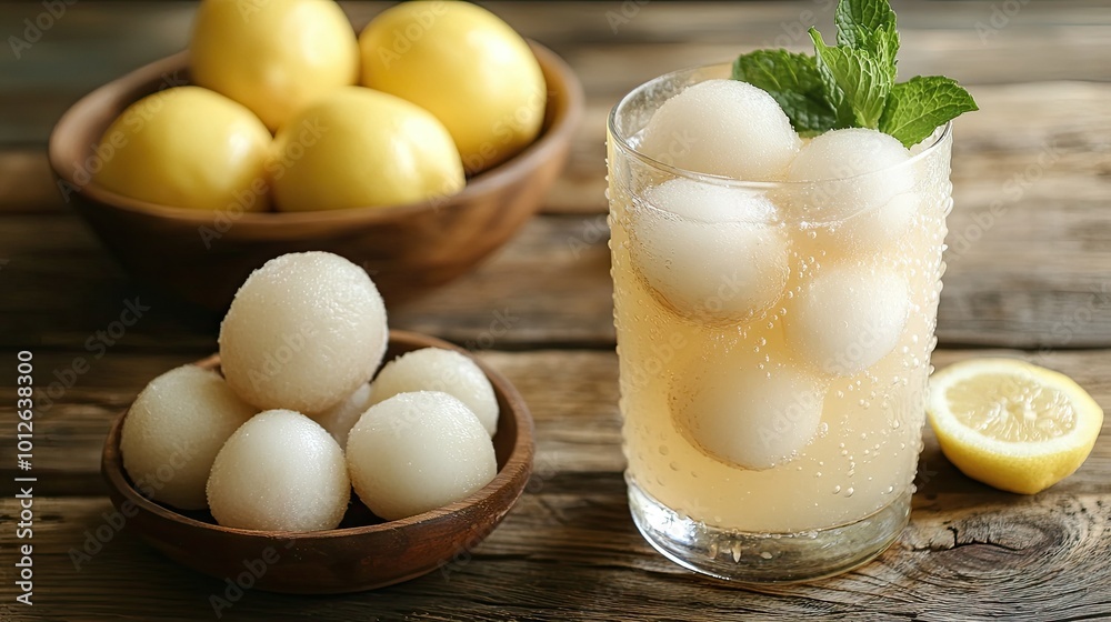 A refreshing lychee lemonade mocktail with ice, placed next to a small bowl of peeled lychees, lemons, and a sprig of fresh mint on a wooden table. A refreshing lychee lemonade mocktail with ice, placed next to a small bowl of peeled lychees, lemons, and a sprig of fresh mint on a wooden table.
