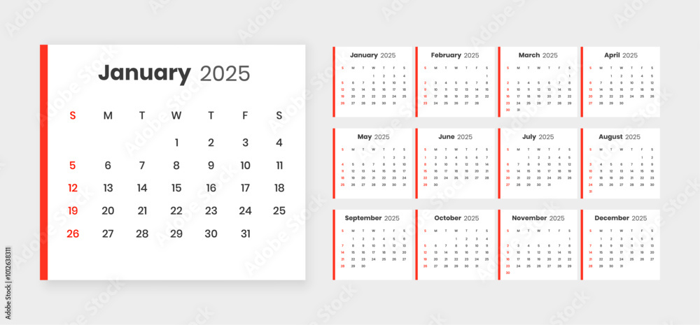 simple 2025 english calendar template in white and red color simple 2025 english calendar template in white and red color