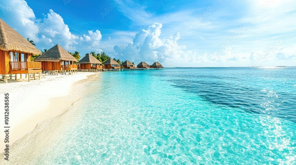 Fototapeta premium A serene beach scene in the Maldives, with crystal-clear turquoise waters, white sandy shores, and overwater bungalows under a bright, sunny sky, perfect for a tropical getaway.