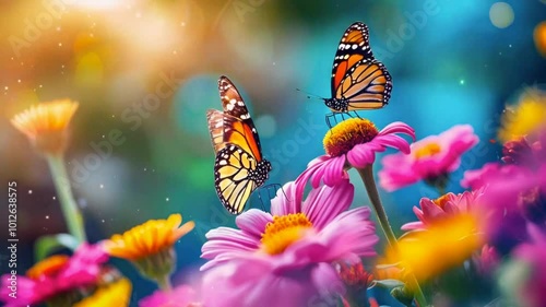 Wallpaper Mural Two butterflies perched on vibrant flowers in a colorful garden setting. Torontodigital.ca