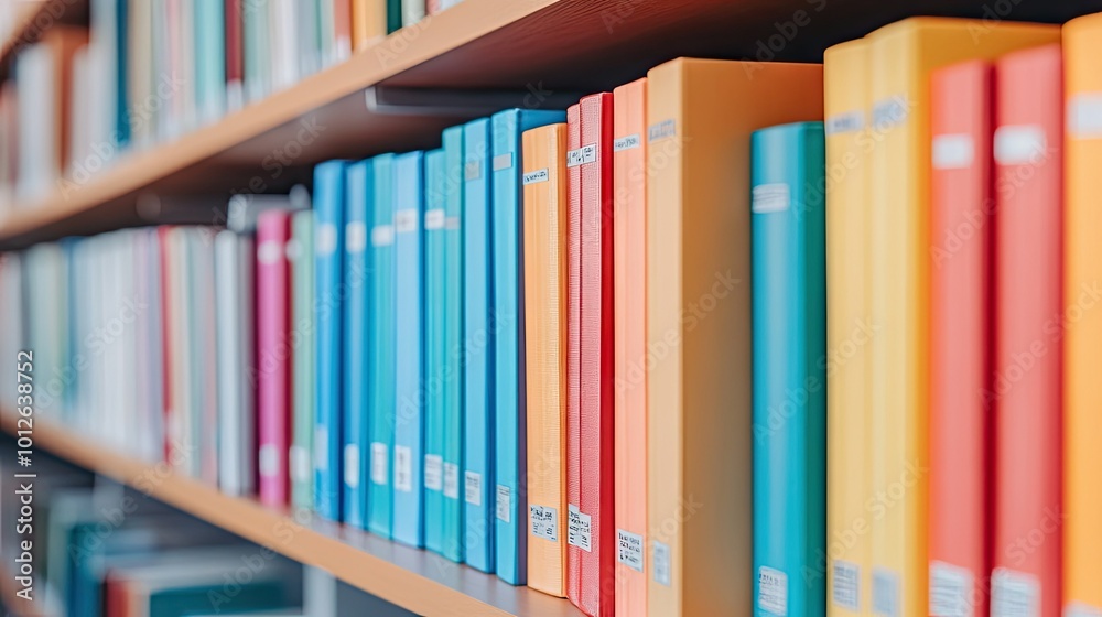 A shelf of brightly colored books, arranged in a rainbow-like pattern, creating a visually engaging and cheerful reading space for students or readers. A shelf of brightly colored books, arranged in a rainbow-like pattern, creating a visually engaging and cheerful reading space for students or readers.