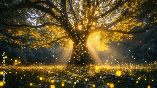 Mystical forest with glowing plants and towering ancient trees photo