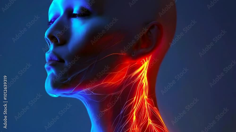 A stylized depiction of human neck anatomy with vibrant blue and red neural pathways. A stylized depiction of human neck anatomy with vibrant blue and red neural pathways.