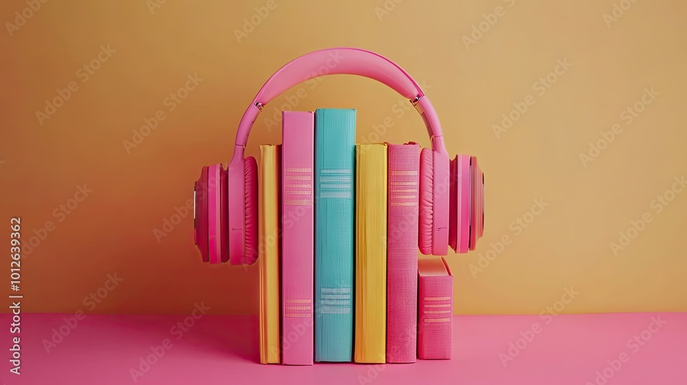 A stack of colorful books with a set of wireless headphones leaning against them, symbolizing the fusion of traditional literature and modern audio experiences. A stack of colorful books with a set of wireless headphones leaning against them, symbolizing the fusion of traditional literature and modern audio experiences.