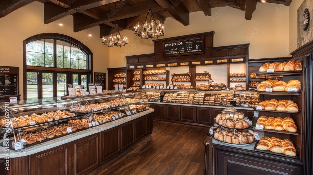 Small town bakery with freshly baked croissants and warm lighting Small town bakery with freshly baked croissants and warm lighting
