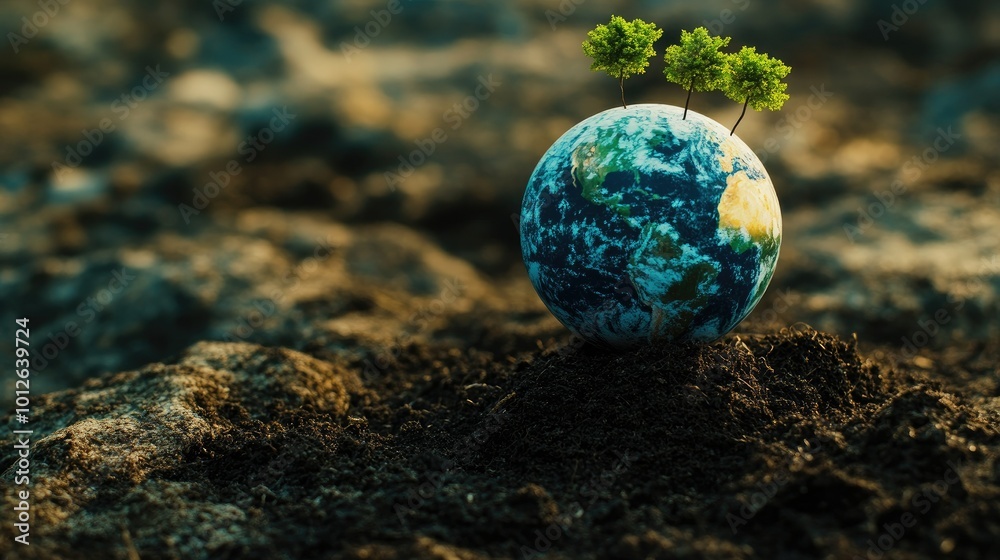 A serene image of a physical globe resting on fertile soil, with tiny trees emerging from around it, symbolizing the nurturing of our planet through tree planting initiatives. A serene image of a physical globe resting on fertile soil, with tiny trees emerging from around it, symbolizing the nurturing of our planet through tree planting initiatives.