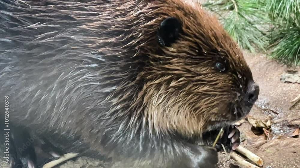 Close up beaver eating a small stick Close up beaver eating a small stick