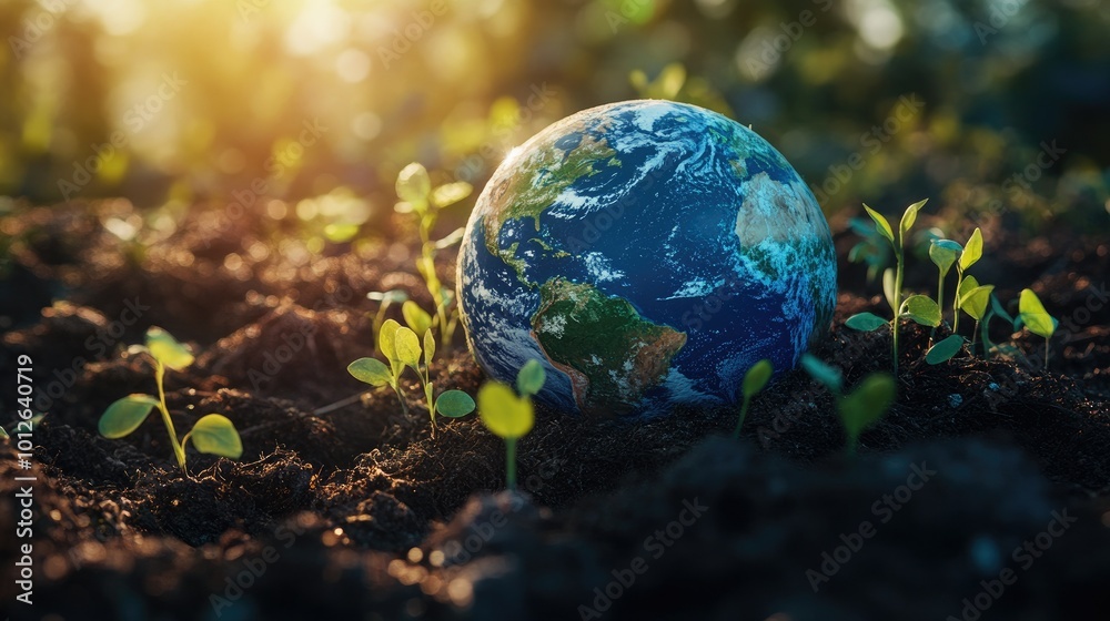 A stunning physical globe of the Earth surrounded by young trees sprouting, symbolizing the importance of tree cultivation in promoting ecological balance and sustainability.