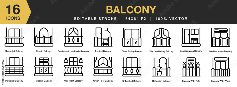 Naklejka premium Balcony icon set. Editable Stroke Icon Collection. Includes bohemian, balcony, furniture, home, boho, terrace, garden, and More. Outline icons vector collection.