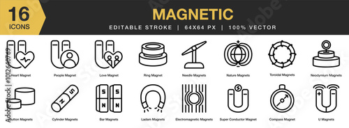 Magnetic icon set. Editable Stroke Icon Collection. Includes bar, button, compass, cylinder, electromagnetism, and More. Outline icons vector collection.