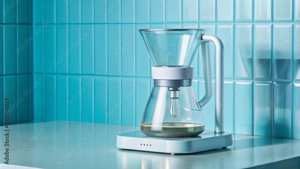 Modern coffee maker on a countertop with a blue tiled backdrop. Modern coffee maker on a countertop with a blue tiled backdrop.