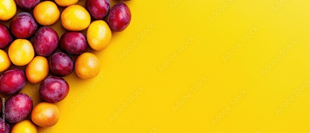 Obraz premium A vibrant arrangement of colorful fruits on a bright yellow background, perfect for healthy lifestyle or organic food themes.