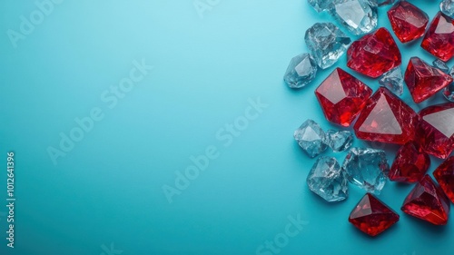 A vibrant arrangement of red and clear crystals on a soft blue background, perfect for conveying luxury and elegance.