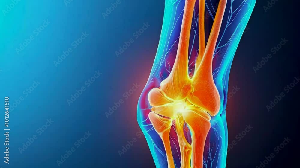 An anatomical illustration of a knee joint with highlighted ligaments and cartilage. An anatomical illustration of a knee joint with highlighted ligaments and cartilage.