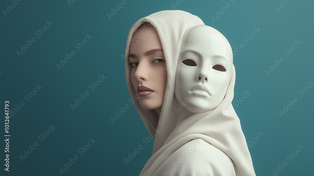 A person in a hooded garment wearing a half mask, symbolizing the duality and complexity of self-identity. A person in a hooded garment wearing a half mask, symbolizing the duality and complexity of self-identity.