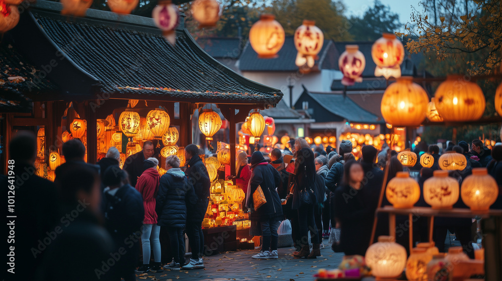 Naklejka premium The lively atmosphere of the turnip lantern festival, residents gather in the village square, showing off turnip lanterns carved with various motifs, Ai generated images