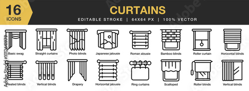 Curtains icon set. Editable Stroke Icon Collection. Includes vertical blinds, straight curtains, scalloped, roller, and More. Outline icons vector collection.