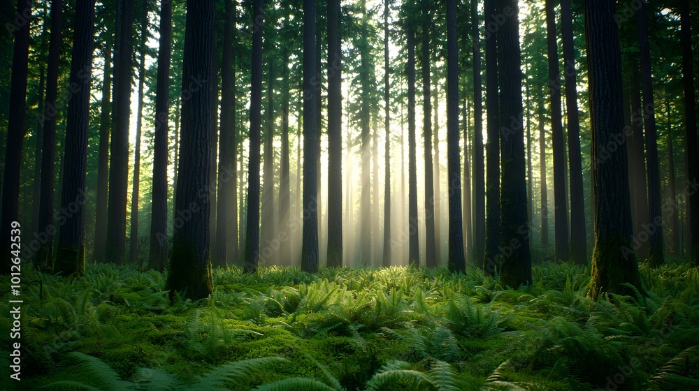 Obraz premium A serene forest scene with towering trees filtering sunlight. Lush ferns cover the ground, creating an enchanting, tranquil atmosphere immersed in nature. Real Beauty Landscape Concept