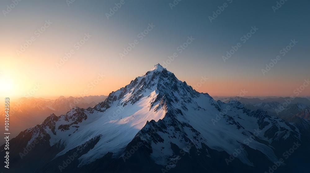 A stunning mountain peak covered in snow glows in the golden hour light, surrounded by rugged ranges. The atmosphere evokes awe and tranquility. Real Beauty Landscape Concept A stunning mountain peak covered in snow glows in the golden hour light, surrounded by rugged ranges. The atmosphere evokes awe and tranquility. Real Beauty Landscape Concept