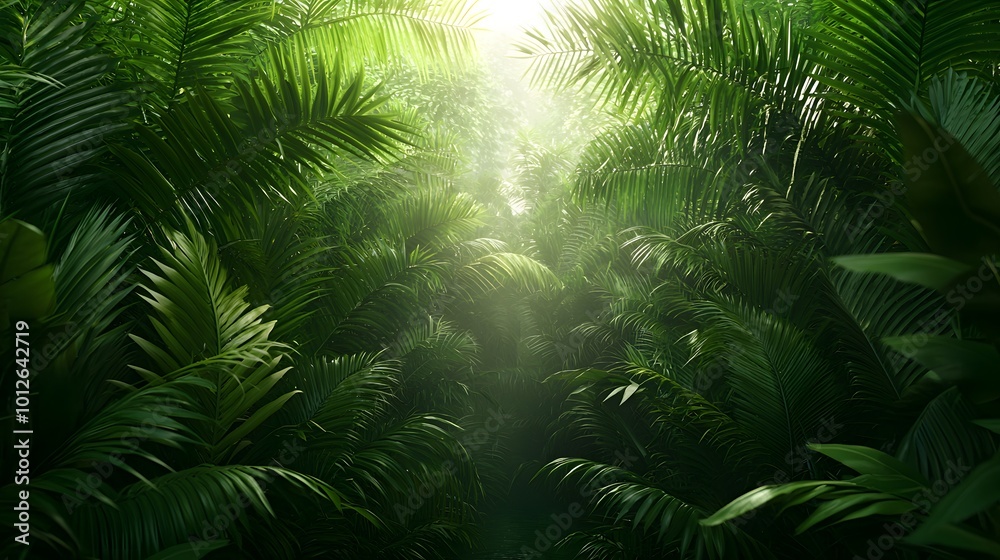 A dense rainforest scene, showcasing rich green vegetation and dynamic light filtering through leaves. The background is solid, creating a tranquil atmosphere. Real Beauty Landscape Concept