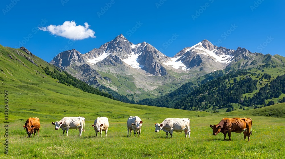 Obraz premium A serene alpine meadow features grazing cattle against towering mountains and a bright blue sky. Real Beauty Landscape Concept