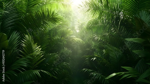 A dense rainforest scene, showcasing rich green vegetation and dynamic light filtering through leaves. The background is solid, creating a tranquil atmosphere. Real Beauty Landscape Concept