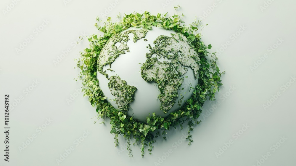 An artistic representation of a globe map intertwined with lush green foliage, highlighting the message of investing in our planet health, set against a clean white backdrop. An artistic representation of a globe map intertwined with lush green foliage, highlighting the message of investing in our planet health, set against a clean white backdrop.