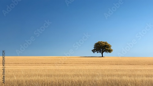 A vast, golden prairie stretches under a bright blue sky, featuring a solitary tree gently swaying, evoking calmness and solitude. Real Beauty Landscape Concept