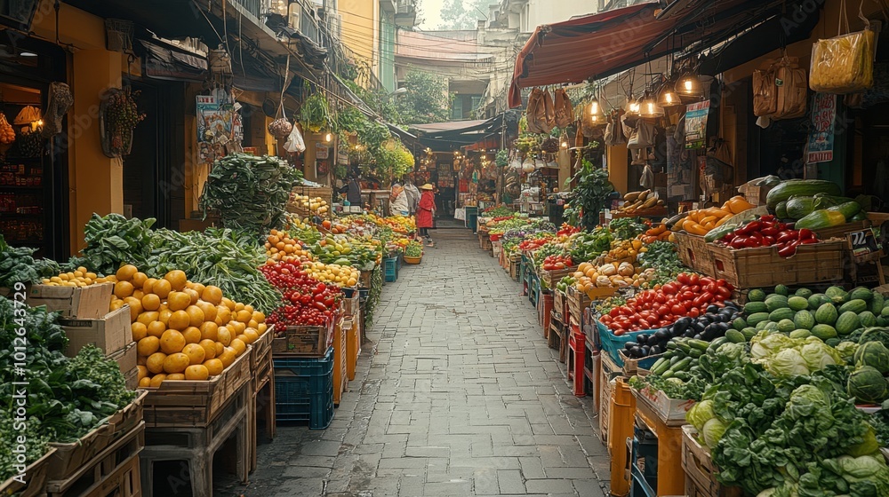 Fototapeta premium Colorful street market with fresh produce, shot from a low angle, highlighting the vibrancy and diversity