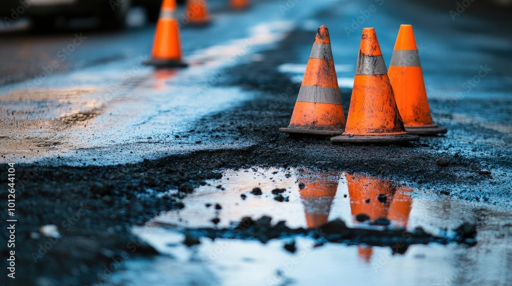 An informative shot of road repair tools and traffic cones on an ...