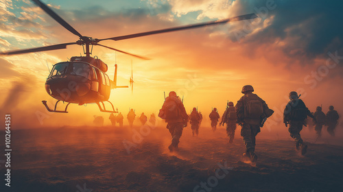 Helicopter Evacuation, featuring a helicopter evacuation scene, symbolizing military service, with copy space, Veterans Day
