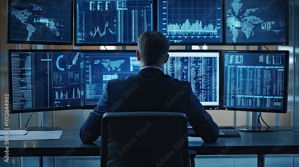 Businessman in a suit studying multiple monitors with real-time financial data, creating a strategy to improve company profits. Blank space for text. Businessman in a suit studying multiple monitors with real-time financial data, creating a strategy to improve company profits. Blank space for text.