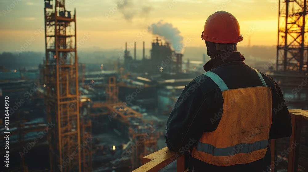 Engineer Technician Watching Team of Workers on High Steel Platform. Engineer Technician Watching Team of Workers on High Steel Platform.