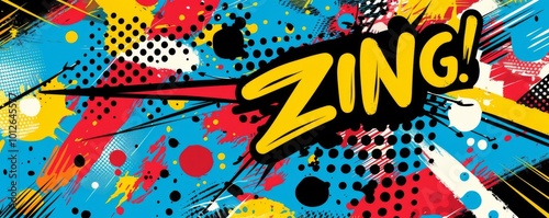 Playful pop art background featuring "ZING!" Dynamic visuals, Bold patterns, Colorful vector