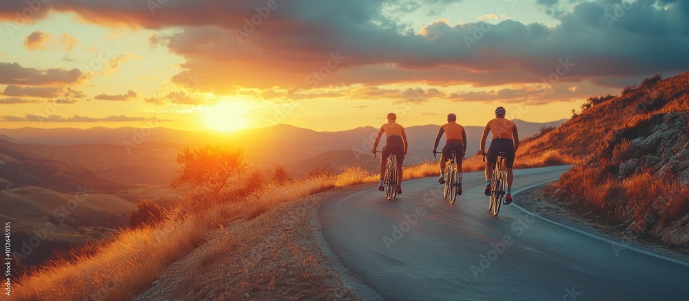 Fototapeta premium Three cyclists ride on a winding mountain road at sunset.