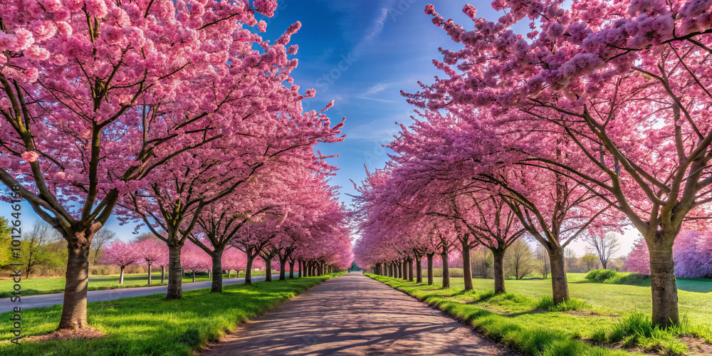 Naklejka premium stunning cherry blossom path lined with vibrant pink trees creates picturesque scene, inviting visitors to stroll through this enchanting landscape