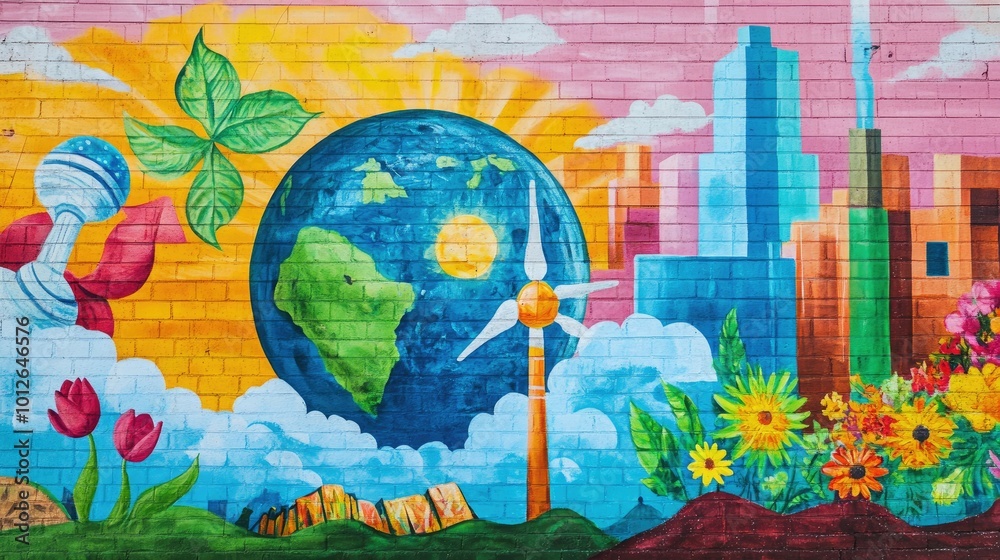 Fototapeta premium Colorful Earth Day mural showcasing the themes of renewable energy, sustainability, and the importance of the 3Rs: Reduce, Reuse, Recycle. Space for text. -