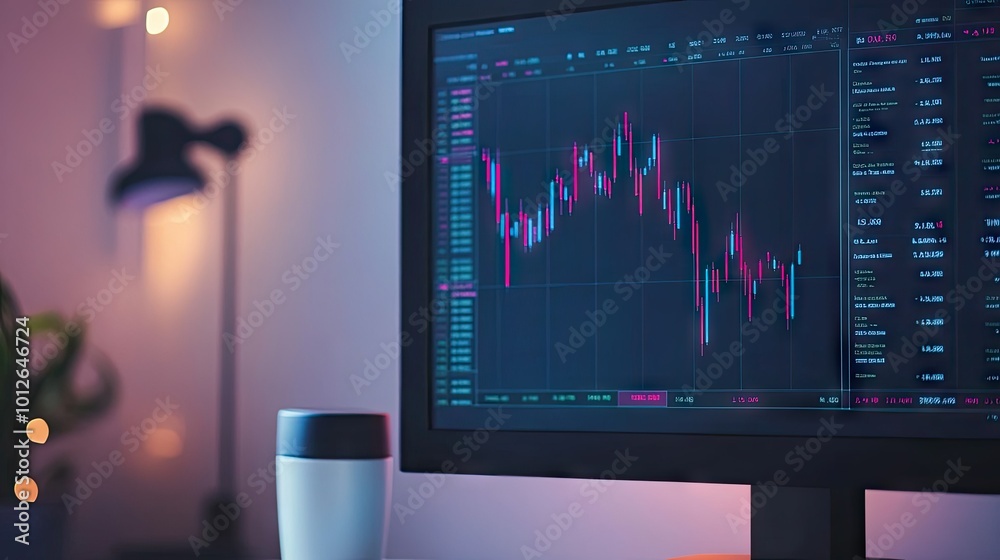 Computer monitor displaying technical analysis charts with volume indicators, used for professional stock trading and investment decisions. Computer monitor displaying technical analysis charts with volume indicators, used for professional stock trading and investment decisions.